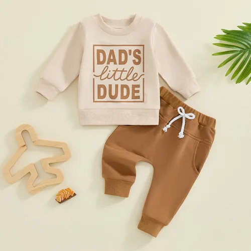 Miniatura 9 de Conjunto de 2 piezas de sudadera con estampado de letras y cuello redondo para bebé niño