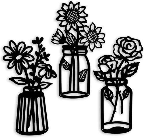 Miniatura 8 de Qzmaikoo 3 piezas de flores de metal negro para decoración de pared, jarrón, esculturas artísticas para colgar en interiores, cocina, baño, comedor