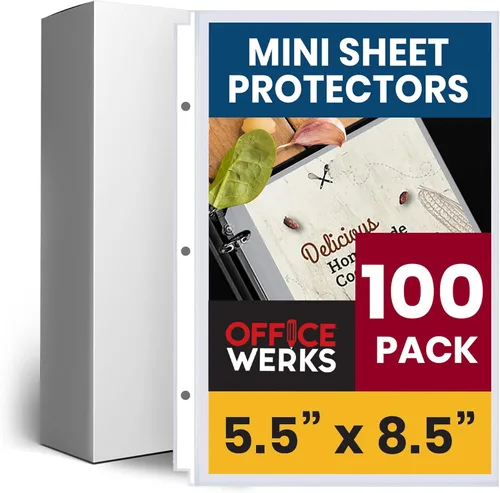 Office Werks Paquete de 100 mini protectores de hojas transparentes pesados, 5.5 x 8.5 pulgadas, carga superior, agujeros reforzados, sin