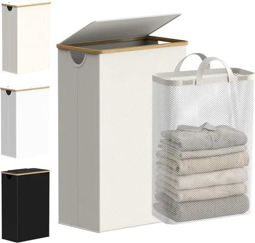 Miniatura 11 de efluky Cesta de lavandería con tapa y bolsa extraíble, cesta de lavandería de 100 litros de alto con asas de bambú, papelera estética para ropa Gris