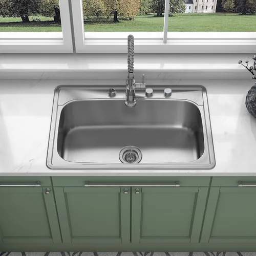 Sinber MT3322C Fregadero de Cocina Empotrable de Un Solo Compartimento de 33" x 22" x 9" con Acero Inoxidable 304 Calibre 18 Acabado Satinado (Solo