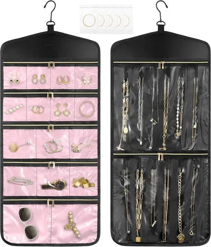 Miniatura 9 de CHICECO Organizador Soporte de Joyas de Viaje, Organizador de Joyas Colgante de Almacenamiento Con Bolsillos con Cremallera para Armario, Pared
