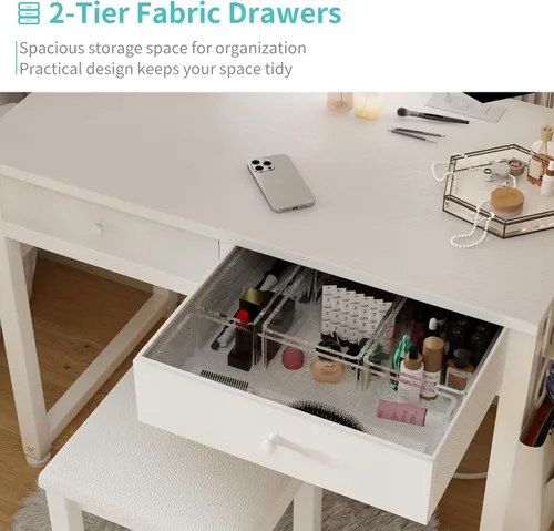 Miniatura 6 de Lufeiya Mesa de Tocador Pequeña para Maquillaje con Cajones de Tela, Mesa de Tocador Blanca de 32 Pulgadas con Espejo y Luz, Juego de Mesa