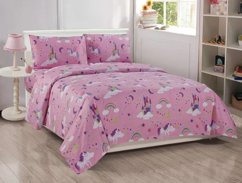 Kids Zone Home Linen Juego de sábanas Unicorn Castle Rainbow Stars Pink Purple Multicolor para niñas/adolescentes # Unicorn Castle (sábana