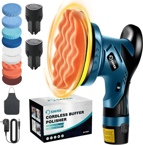 Saker Pulidora Buffer Inalámbrica para Automóvil - Kit de Máquina Encerradora Portátil de 6 Pulgadas con 2x2000mAh Baterías y 6 Velocidades