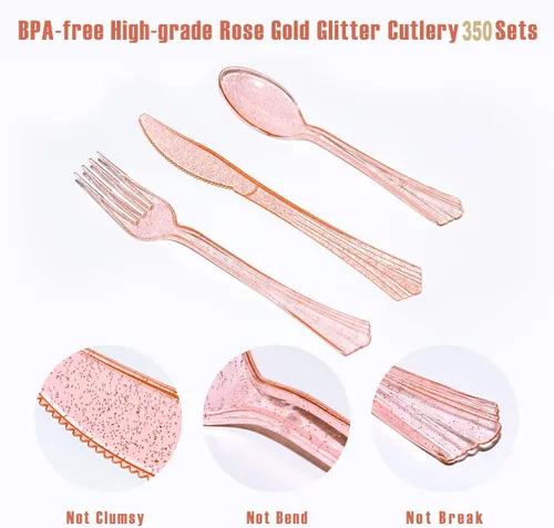 Miniatura 6 de AIRE 350 piezas de suministros de fiesta rosa y dorado, Severs 50 artículos de fiesta desechables, cubiertos de plástico dorado, servilletas, platos
