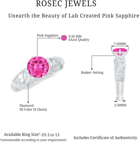 Miniatura 9 de Anillo de compromiso redondo de zafiro rosa cultivado en laboratorio certificado con diamante Calidad AAAA Anillo de estilo vintage para mujer