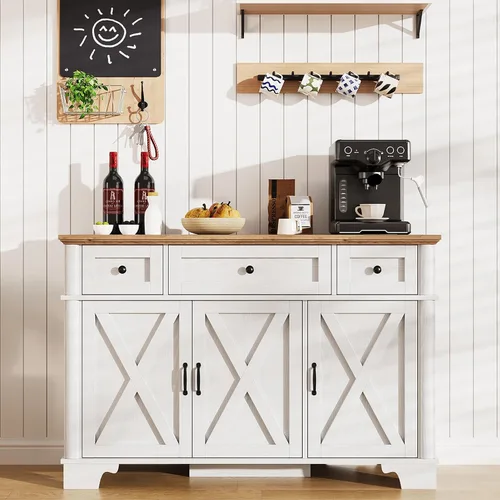 Miniatura 8 de BestHaped Armario de buffet de granja de 65 pulgadas con almacenamiento, aparador blanco con estantes ajustables y 3 cajones, mesa de buffet