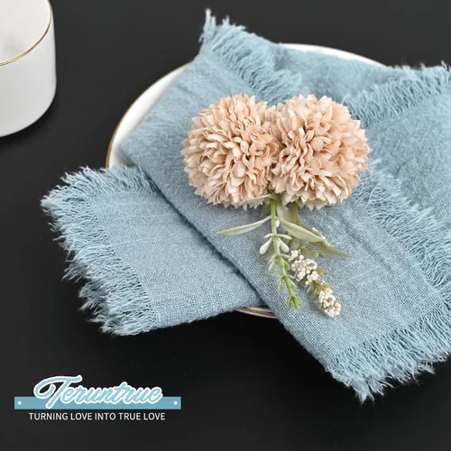 Miniatura 4 de Paquete de 40 servilletas de tela azul polvoriento, servilletas de lino de algodón a granel de 16.5 x 16.5 pulgadas hechas a mano con flecos