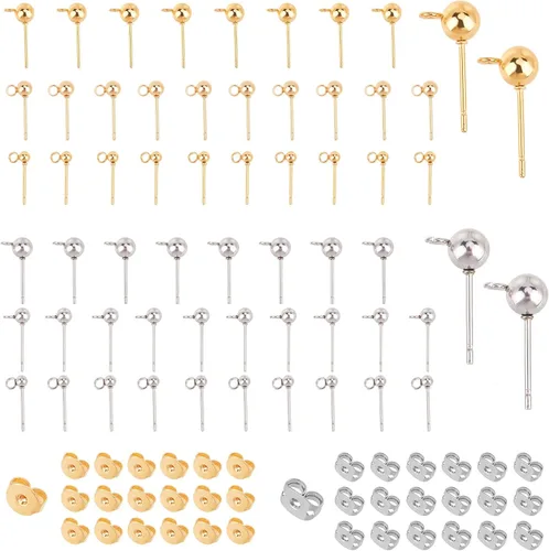 Miniatura 7 de SUNNYCLUE 1 caja, 80 unidades, 20 pares de aretes de bola, aretes de acero inoxidable 304 con lazo de 0.157 pulgadas para hacer joyas, accesorios