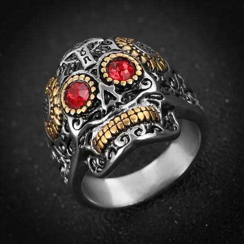 Miniatura 3 de HZMAN Anillos de calavera de azúcar geniales para hombres y mujeres, con ojos de circonia cúbica, acero inoxidable, Día de los Muertos, joyería