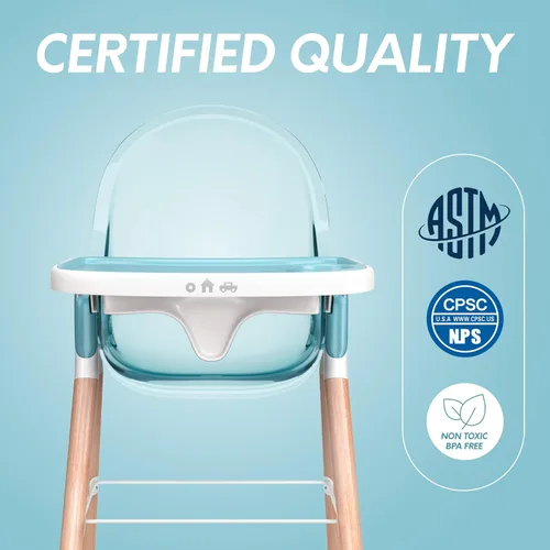 Miniatura 9 de Silla alta de madera de lujo 6 en 1 para bebés y niños pequeños, moderna, segura y compacta, fácil de limpiar y montar, bandeja extraíble, 6 Azul