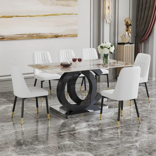 Miniatura 2 de Juego de mesa de comedor MUUOKY para 6, mesa de cocina y sillas para 6, superficie de mesa de piedra sinterizada con 6 sillas de comedor modernas