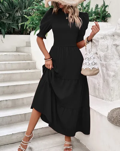 Miniatura 44 de BTFBM Vestidos para mujer, cuello redondo, casual, de verano, con volantes, manga corta, bohemio, con niveles, fruncido, largo, con estampado floral