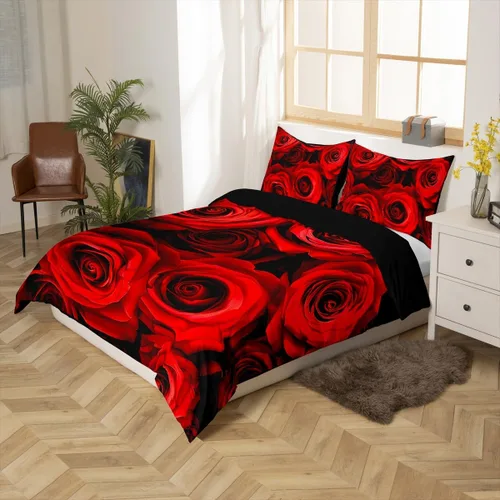 Miniatura 3 de Juego de funda de edredón de rosa roja, tamaño matrimonial, juego de ropa de cama floral color rojo degradado y negro para niñas, mujeres, niños