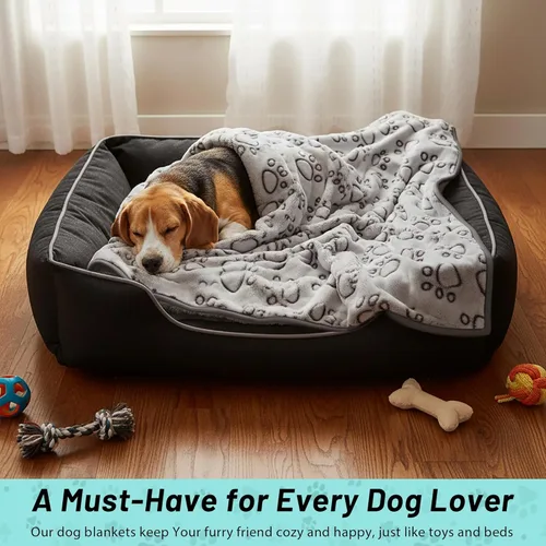 Miniatura 3 de Manta para perros rellena premium suave, con impresión de huella de pata gris de franela, 43 * 66 pulgadas, manta autocalentable para gatos
