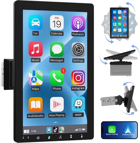 Pantalla táctil CarPlay de 10.1 pulgadas - Estéreo inalámbrico giratorio para automóvil Android Auto - Bluetooth Phonelink navegación GPS WiFi Dual