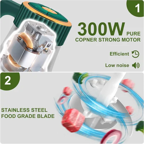 Miniatura 5 de Procesador de alimentos, picadora eléctrica de alimentos de 5 velocidades, picadora de carne con 2 cuencos (8 tazas + 8 tazas) y 2