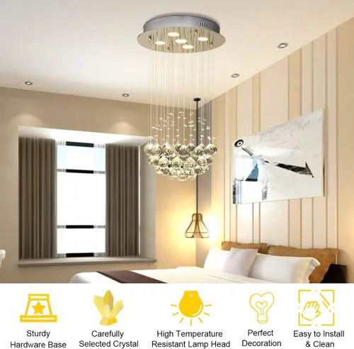 Miniatura 5 de Tangkula Moderno candelabro de cristal K9, lámpara de techo LED de montaje empotrado para sala de estar, comedor y dormitorio, 5 luces GU10