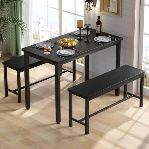 Miniatura 2 de Tatub Juego de mesa de comedor para 4, mesa de cocina de 3 piezas con 2 bancos, juego de comedor que ahorra espacio para rincón de desayuno y Negro