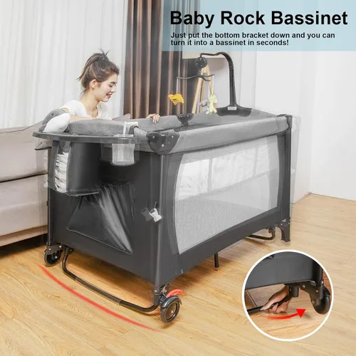 Miniatura 4 de Paquete y juego 5 en 1, moisés de bebé durmiente junto a la cama con cambiador de pañales en forma de U, parque portátil para bebés recién nacidos