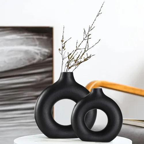 Juego de 2 jarrones de cerámica negros para decoración moderna boho, jarrones redondos mate con flores de pampas minimalistas nórdicos estilo boho