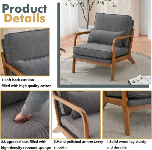 Miniatura 11 de Silla decorativa para sala de estar, sillón tapizado moderno de mediados de siglo con almohada, sillón de lectura, cómoda silla decorativa para Gris