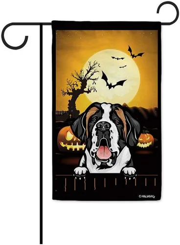 Miniatura 31 de Bandera de jardín de calabaza de Feliz Halloween Jack O'Lantern con perro Rhodesian Ridgeback Halloween Bat Boo Bandera decorativa para patio al