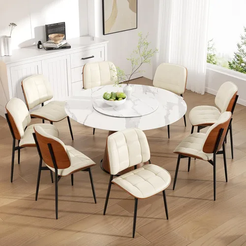Miniatura 44 de Silla de comedor, moderna de mediados de siglo con cojín grueso, sillas de cocina tapizadas de piel sintética con respaldo de madera curvada de Beige