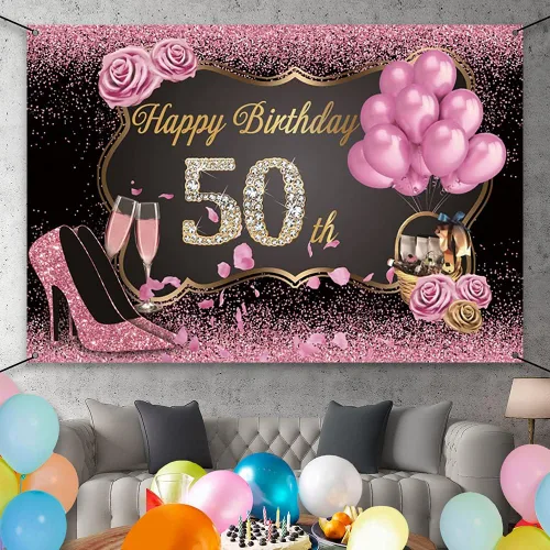 Miniatura 2 de AWERT Cartel de poliéster de 6 x 3.6 pies con texto en inglés «Happy 50th Birthday» para mujer, cartel de oro rosa para mujer, decoración de fiesta