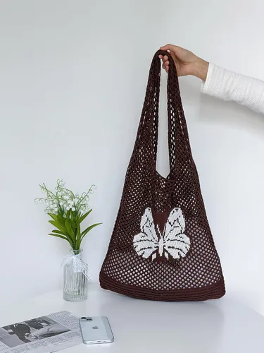 Miniatura 5 de ENBEI Bolsas bohemias, bolsa de punto de hombro, bolsa de mano Y2K estética, bolso de ganchillo lindo para mujeres, regalos hippie Café con una