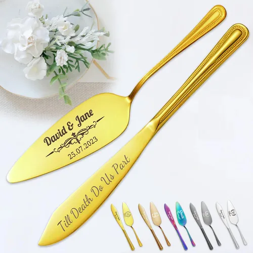 Miniatura 16 de Juego personalizado de corte de pasteles para boda, servidor de pastel de boda grabado gratis, cuchillo de pastel de acero inoxidable y juego