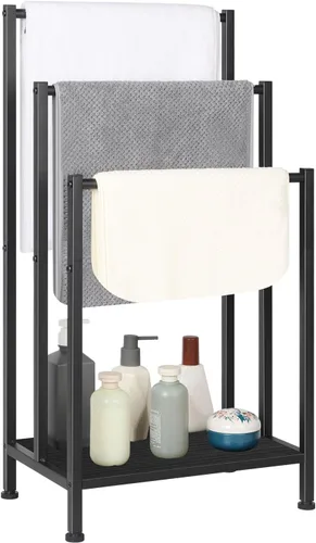 Toallero independiente, toallero de metal de 3 niveles, soporte para manta para dormitorio, soporte de toalla de baño negro, soporte para toallas de