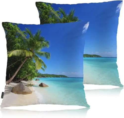 Miniatura 29 de Swono - Juego de 2 fundas de almohada decorativas cuadradas de 18 x 18 pulgadas, playa, la playa es mi lugar feliz, cita de madera, funda de cojín