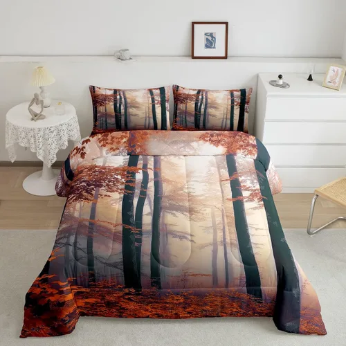 Erosebridal Juego de ropa de cama con inserto de edredón de árbol brumoso para temporada de otoño, juego de edredón místico con niebla y naturaleza,
