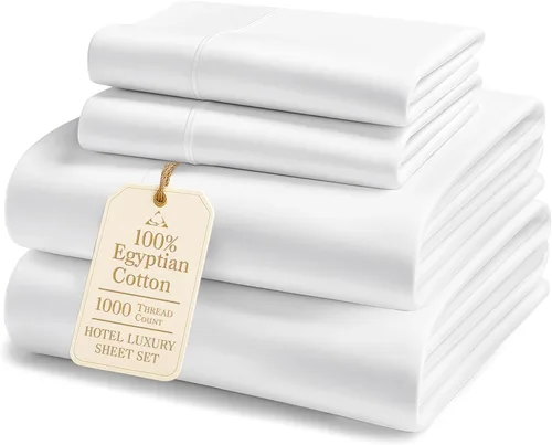 Sábanas de algodón egipcio 100% tamaño Queen - Lujoso juego de sábanas Queen de 1000 hilos, naturalmente refrescantes y transpirables, tejido satén