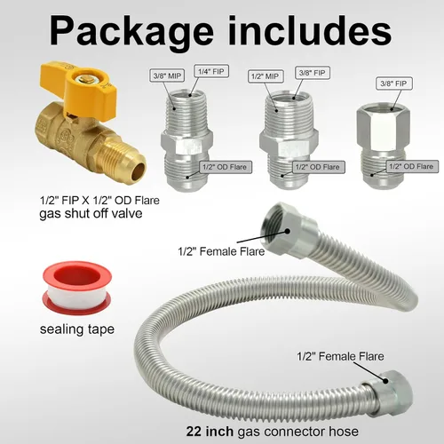 Miniatura 7 de TTFLEX Kit de línea de gas flexible de 22 pulgadas con válvula de cierre de latón de 1/2 pulgada y accesorios MIP de 3/8 pulgadas y MIP de 1/2