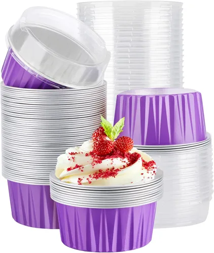 Miniatura 12 de EUSOAR Forros para cupcakes con tapas, 30 piezas desechables de papel de aluminio de 5 onzas, moldes para hornear cupcakes, envases de postre