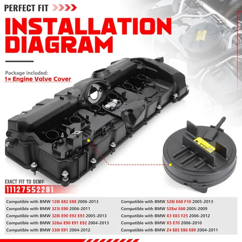 Miniatura 2 de Cubierta de válvula de motor compatible con BMW 128i 328i 330i 528i X3 X5 Z4 E90 E91 E92 E93 E60 F10 E70 (reemplaza a 11127552281)