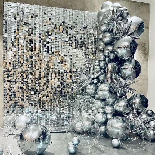 Miniatura 6 de COKAOBE Telón de fondo de pared plateado brillante, 24 piezas de panel cuadrado de lentejuelas brillantes, fondos de fotos para cumpleaños
