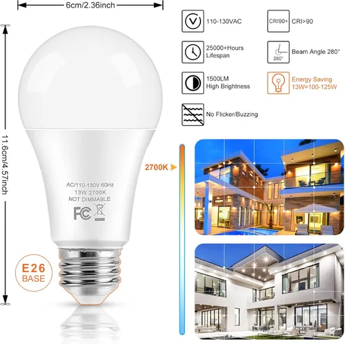Miniatura 2 de Bombillas LED, bombillas LED A19 equivalentes a 100 W, 13 W, 2700 K, blanco cálido, 1500 lúmenes, no regulables, brillantes, E26 Edison bombillas