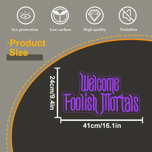 Miniatura 5 de Letrero de neón con texto en inglés "Welcome Foolish Mortals", regulable, espeluznante, gótico, morado, mansión, ataúd, para decoración de pared