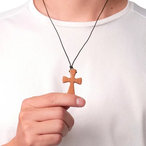 Miniatura 5 de Collar con colgante de cruz de madera natural tallada a mano para hombres y mujeres