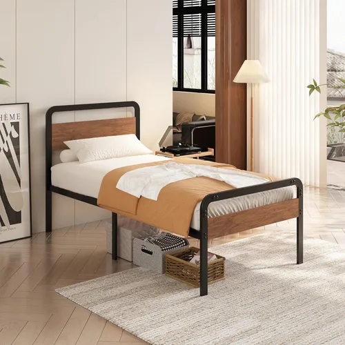 EMODA Armazones de cama tamaño individual de 16 pulgadas con cabecero y pie de cama de madera, listones de metal resistentes que soportan la base