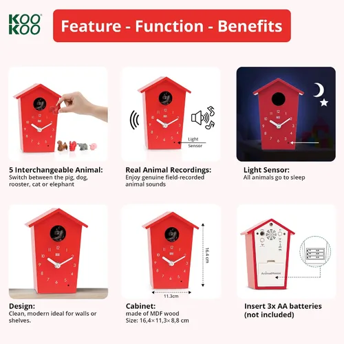 Miniatura 8 de KOOKOO AnimalHouse - Reloj de cuco pequeño, rojo, con 5 sonidos de animales de granja (grabaciones de campo naturales)