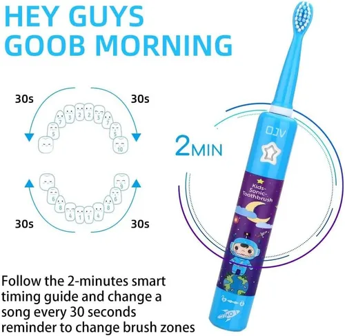 Miniatura 2 de OJV 8620 Cepillos de dientes eléctricos musicales para niños, 3 modos de temporizador de 2 minutos, 6 cerdas recargables de energía inteligente, Azul