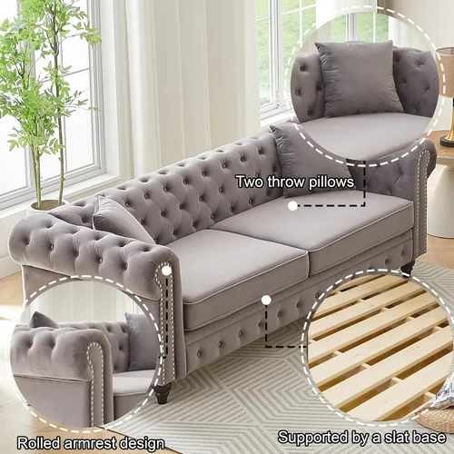 Miniatura 5 de Juego de 2 sofás Chesterfield de terciopelo de 85.5 pulgadas, 3 plazas + 63.5 pulgadas, sofá moderno con brazos enrollados y 2 cojines para sala