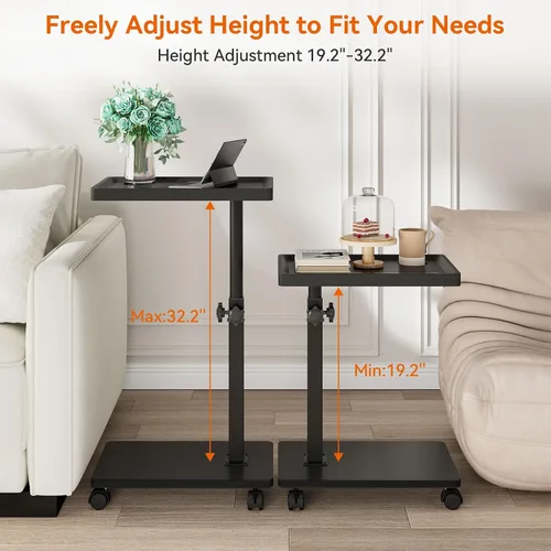 Miniatura 2 de IBUYKE Mesa auxiliar en forma de C ajustable en altura, mesa giratoria de 360° con ruedas, mesa auxiliar para espacios pequeños, sala de estar