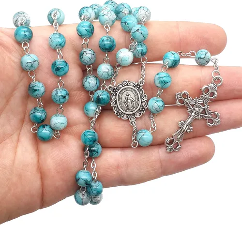 Miniatura 5 de Nazareth Store Rosario de cristal cristalizado turquesa con cuentas de rosario católico con medalla milagrosa y cruz de acero inoxidable Vidrio No