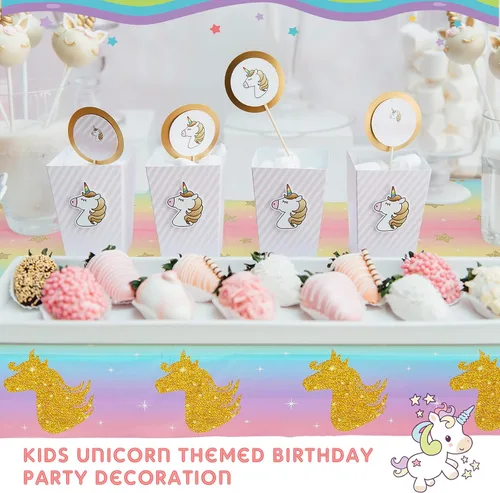 Miniatura 3 de Zhehao Mantel desechable de cumpleaños de unicornio de 108 x 54 pulgadas, mantel de plástico a rayas multicolor para fiesta de cumpleaños